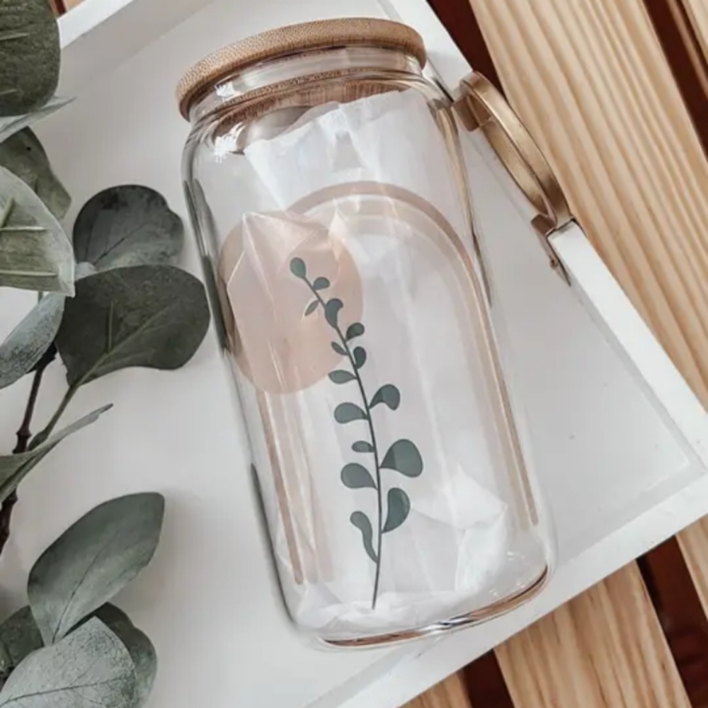 16oz. Glass Can Tumbler- boho. Comes with bamboo lid and plastic straw